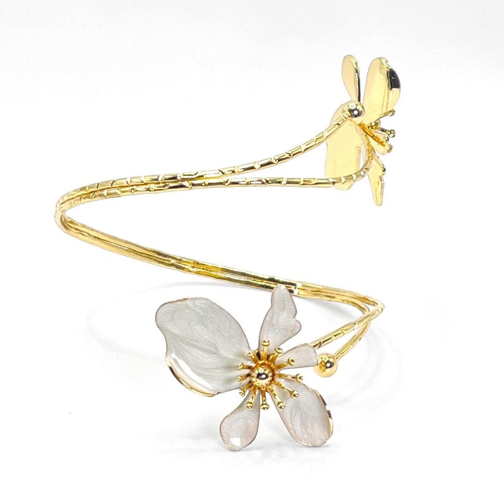 Wrap Around Arm Cuff Bracelet Flower Enamel Petals Gold Tone 3D Upper Armband